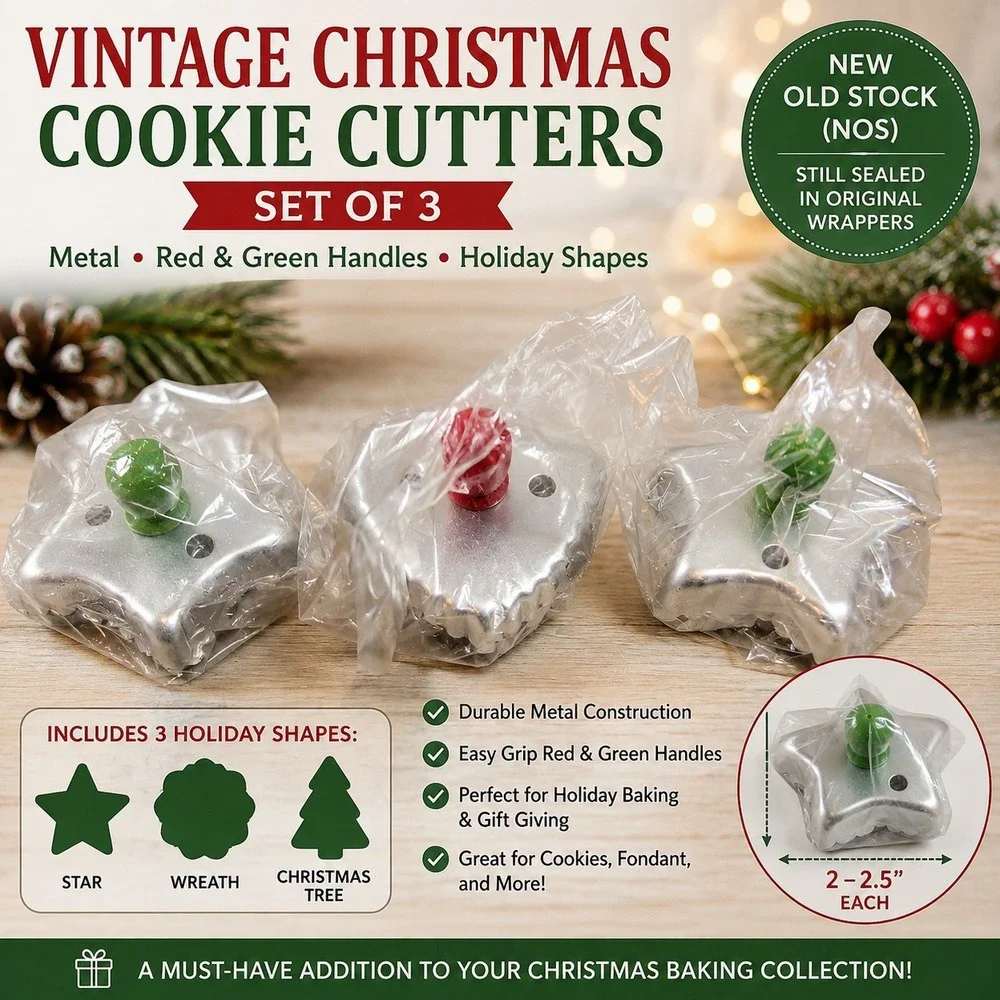 Vintage Christmas Cookie Cutters Set of 3 Metal Star Wreath Tree Red Green NOS